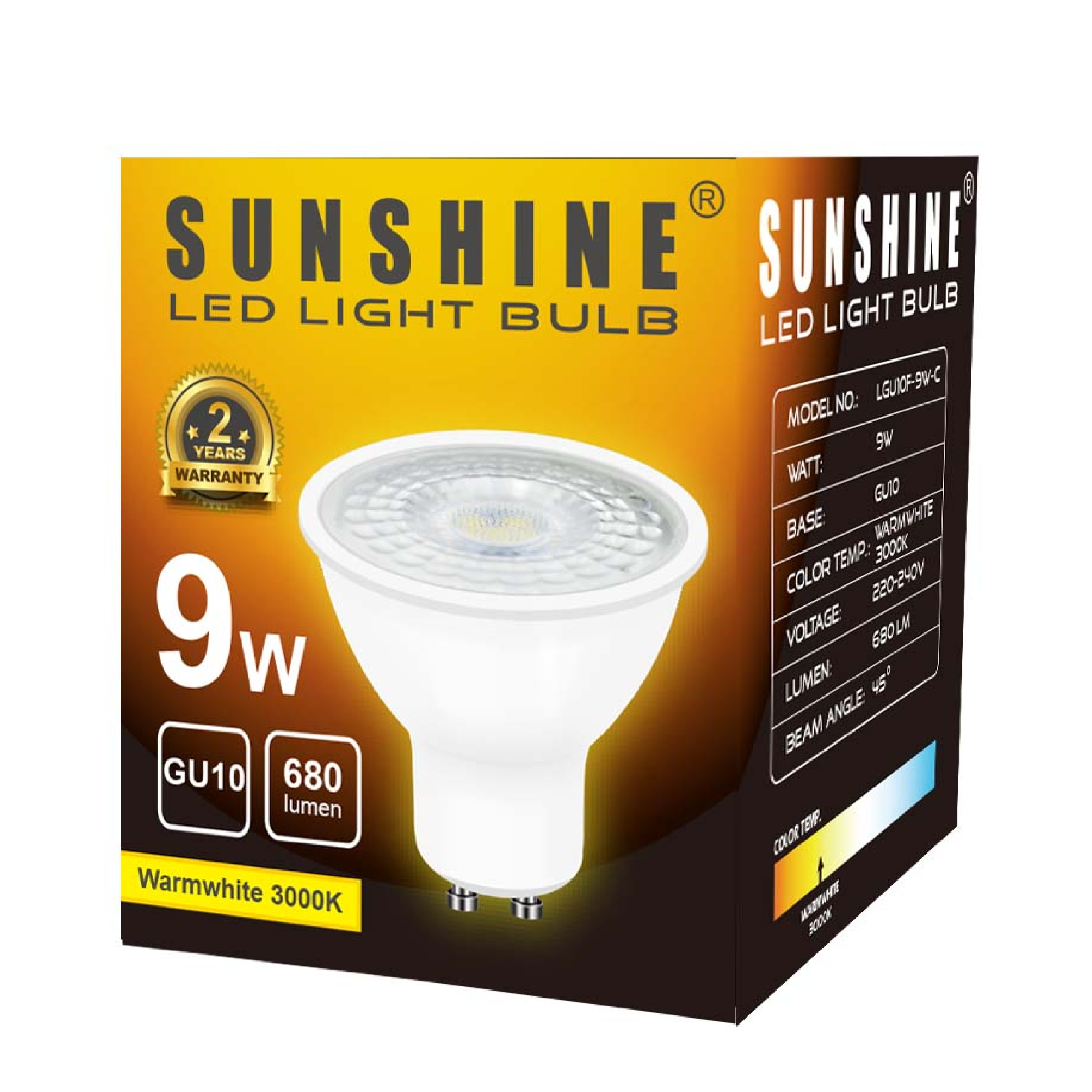 Sunshine LED 9W GU10 220V-240V NON-DIMMABLE Warm White